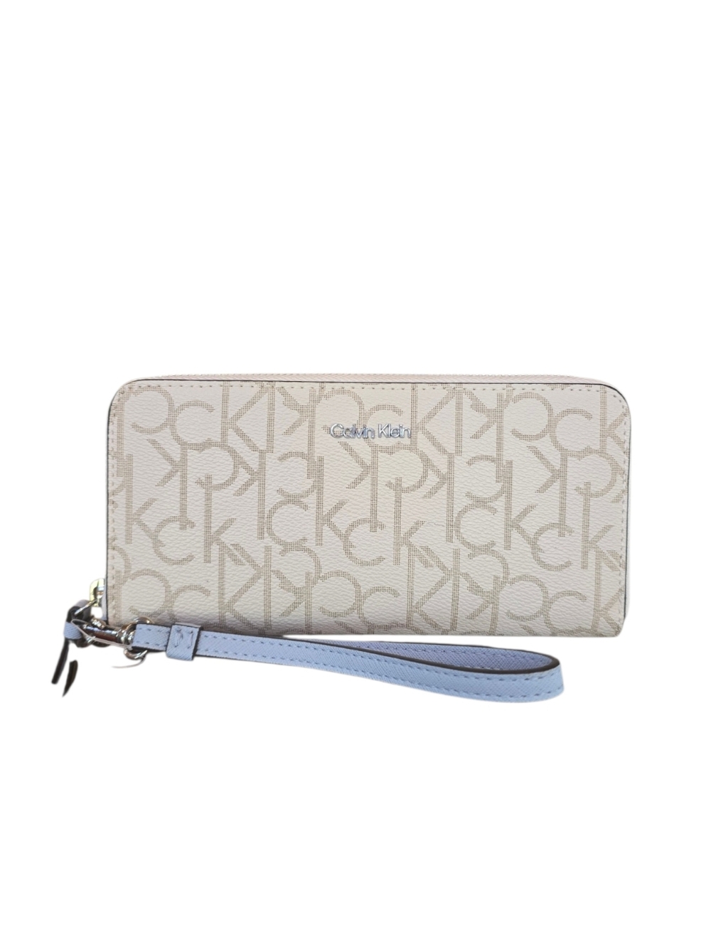 Calvin Klein Creamy White Monigram Print Zip Around Wallet Wristlet